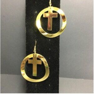 Dangle Pierced Earrings Wavy Circle Hoop Cross Gold Catholic Religious 80s 90s